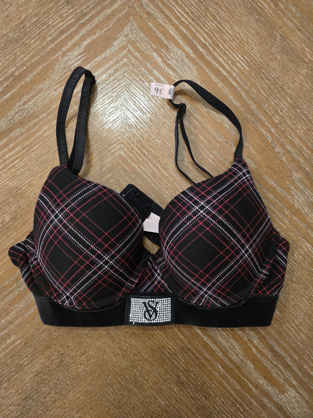 Victoria's Secret Black Plaid Push-Up Bra with Red and White Accents NWOT